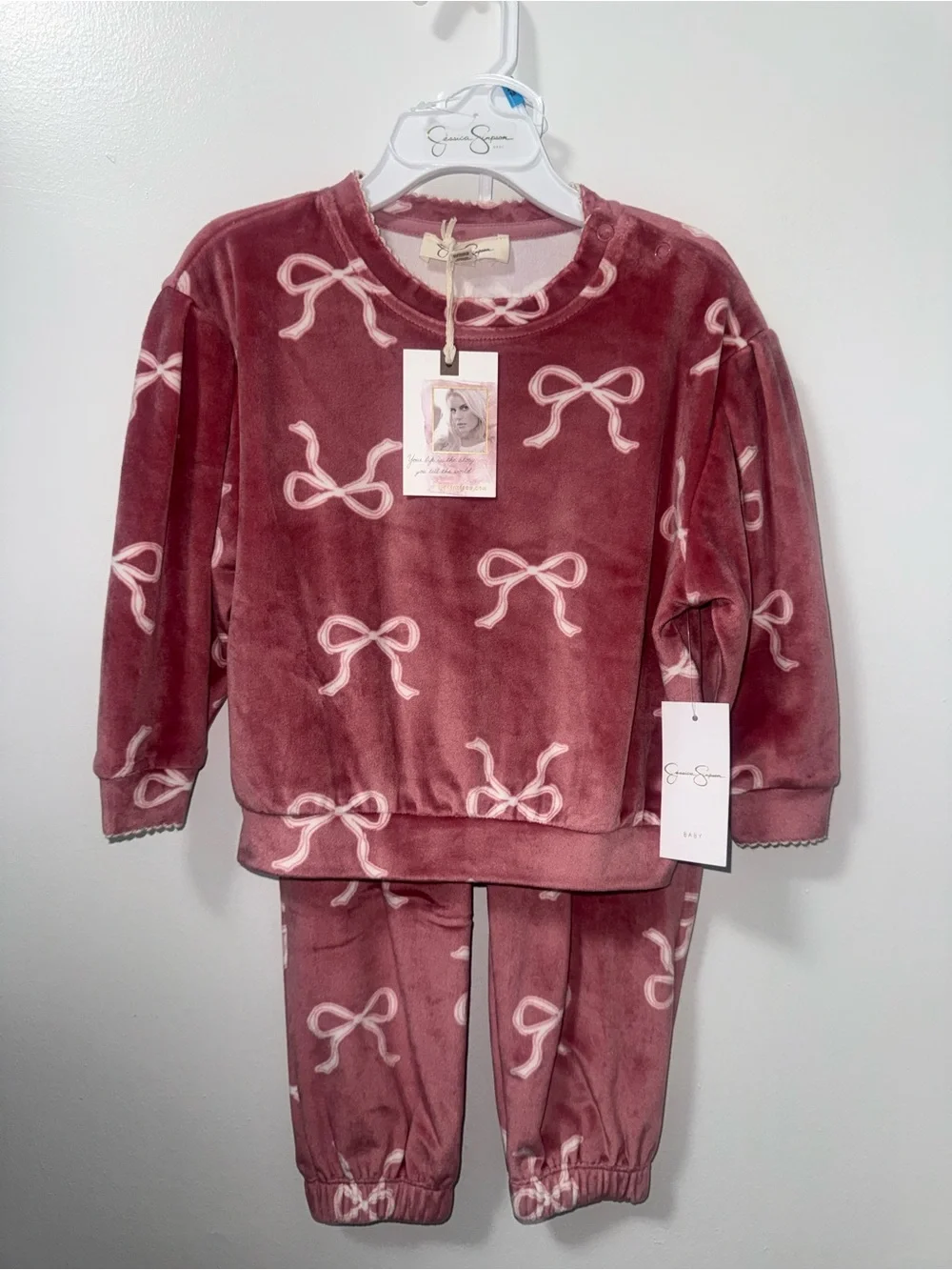 Jessica Simpson Girls Plush Bow-Print Pajama Set - Dusty Rose Pink